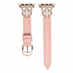 Four Leaf Clover Print Diamond-Studded Leather Watch Band