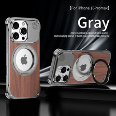 Walnut Wood Aluminum Alloy Frameless Shell  Magnetic Aromatherapy(Fragrance Release) Stand Case for iPhone 14 Series