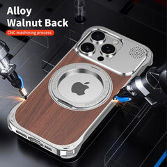 Walnut Wood Aluminum Alloy Frameless Shell  Magnetic Aromatherapy(Fragrance Release) Stand Case for iPhone 14 Series